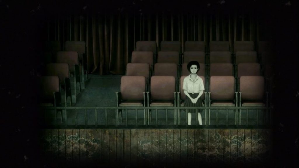 child sitting in a creepy, empty auditorium in indie horror game Detention