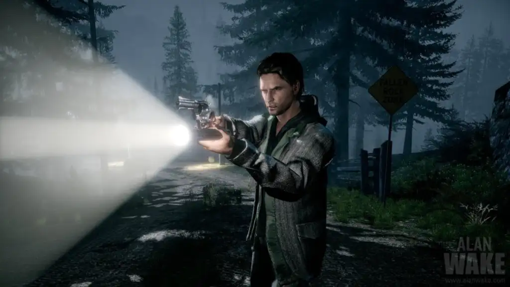 Alan Wake aims a flashlight while aiming a pistol outside