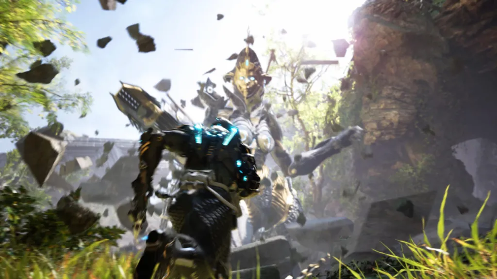 Image of a Descendant rushing across a field that's shattering around him, a massive metallic Colossus standing before him in The First Descendant