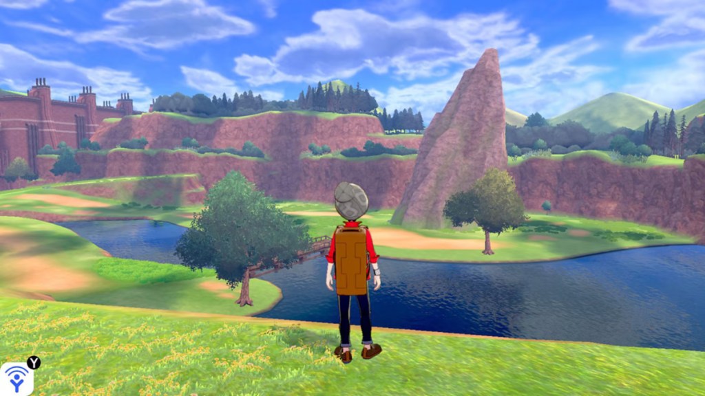 The Pokémon Trainer overlooks a river in Galar