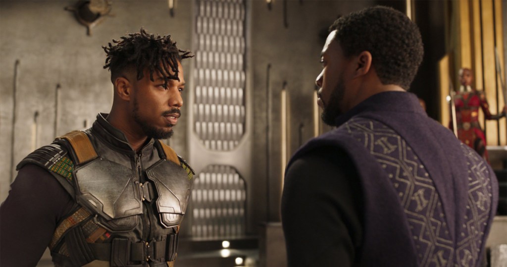 T'Challa confronts Killmonger in the Wakandan throne room