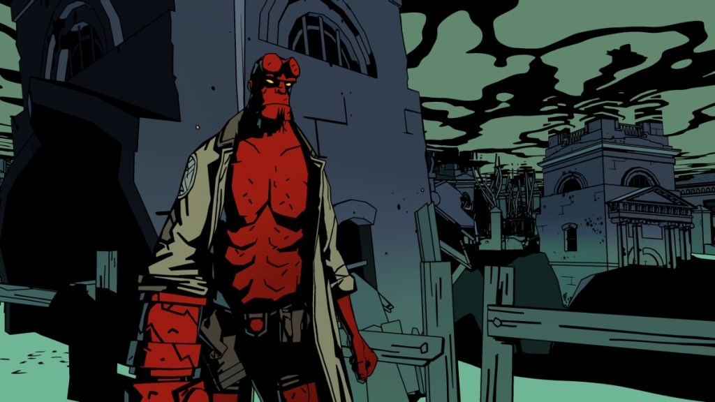 Hellboy stands in a broken city