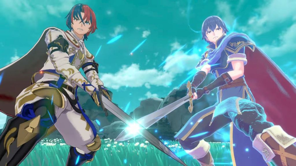 Byleth and Marth cross swords