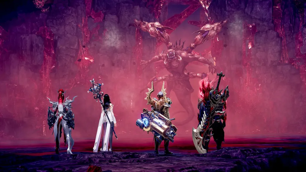 Lost Ark Classes stare at a demon in a stony, red-mist arena 