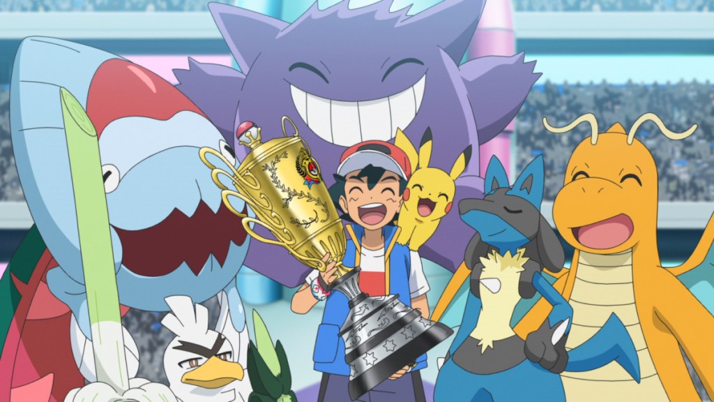 Ash Ketchum holds his Pokemon tournament trophy