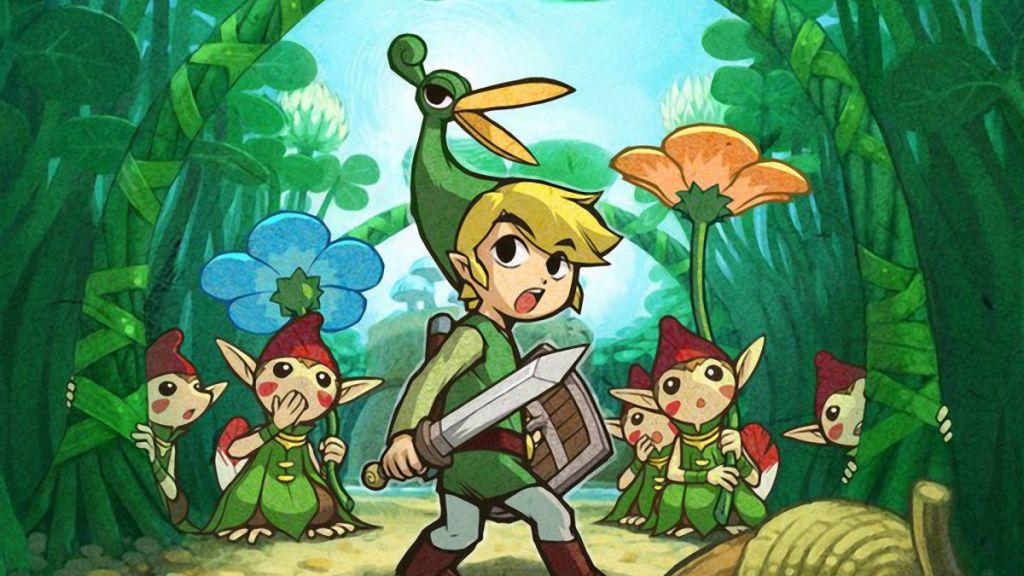 Image of Link surrounded by blades of grass and small pixie like creatures, with his hat turned into the head of a bird