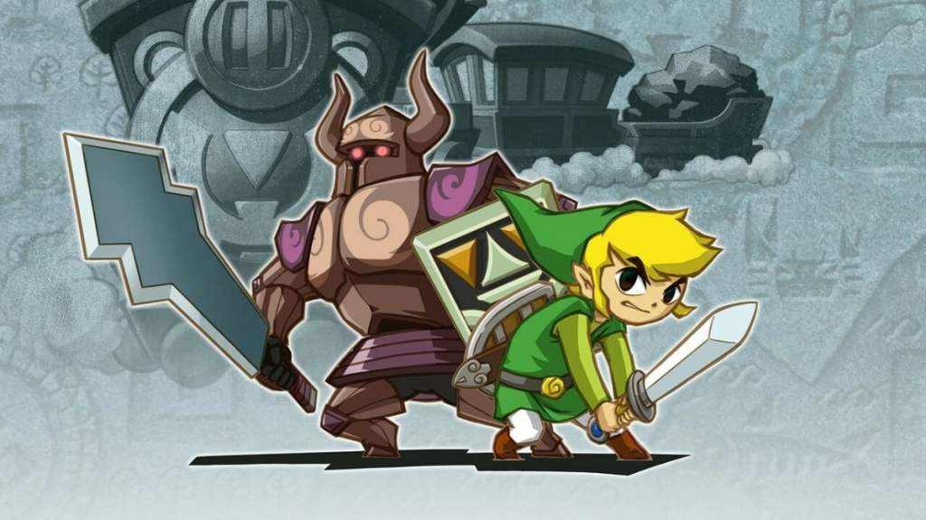 Image of Link holding a sword in front of a knight in brown armor