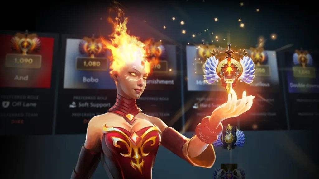 Image of a woman with fire for hair holds up an emblem while a variety of titles run in the background