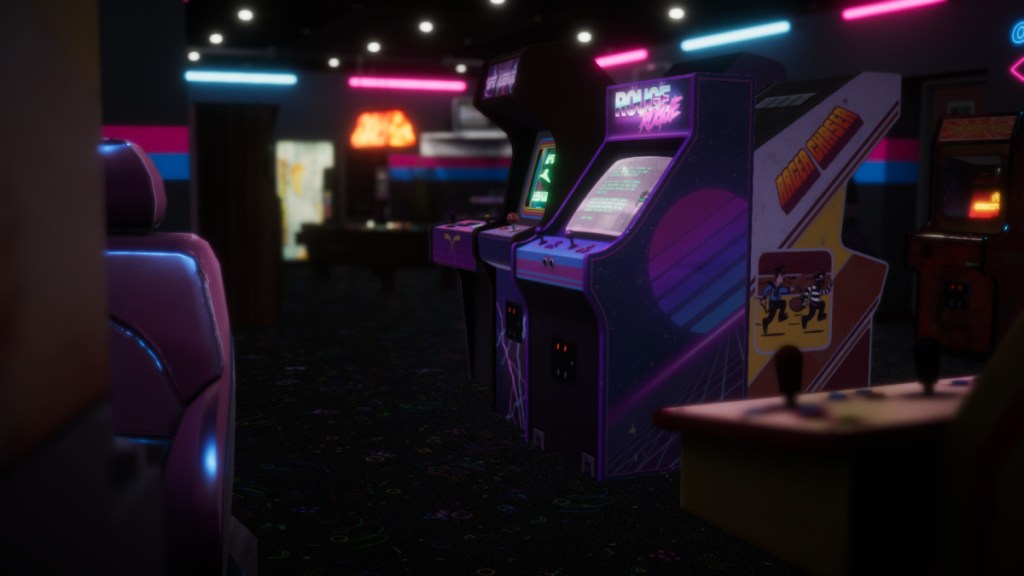 An arcade, with various arcade machines running. 