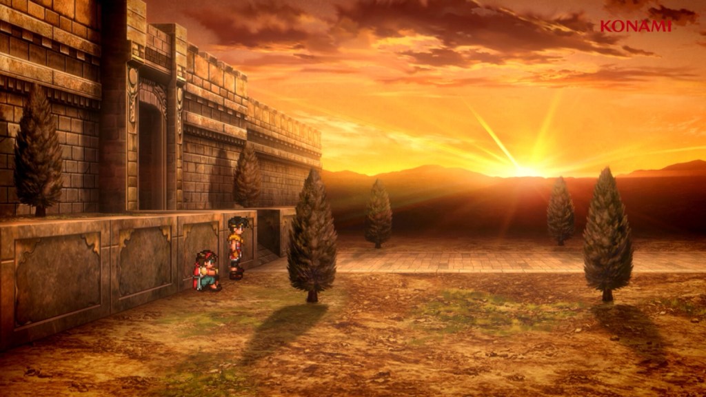 Two characters watch the sunset by a castle