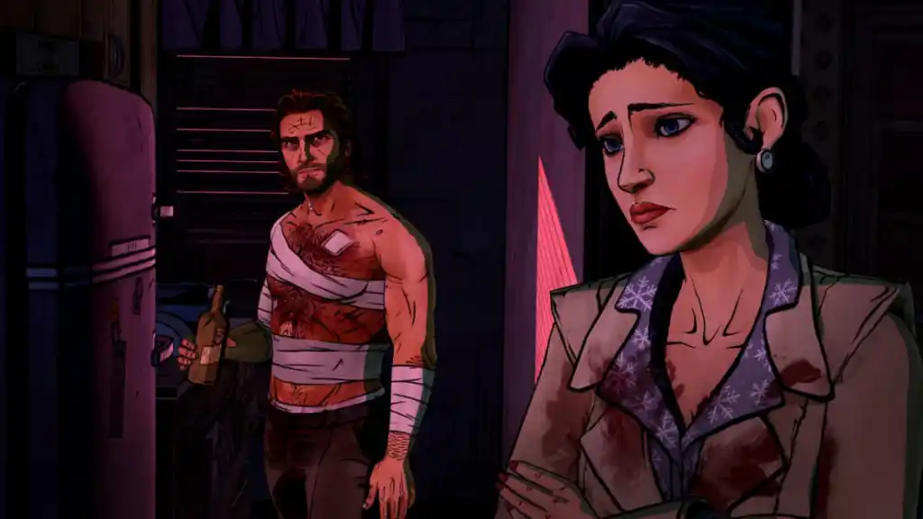 A bandaged Bigby Wolf glances at a dark-haired woman