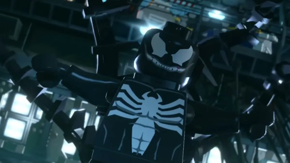 Una imagen de LEGO Venom mirando enojado al espectador como parte de un artículo sobre los mejores juegos protagonizados por el villano de Marvel's Spider-Man.