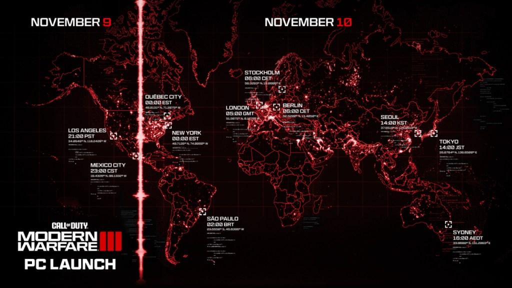 Un mapa que muestra la fecha y hora de lanzamiento de Call of Duty: Modern Warfare 3 (CoD: MW3)
