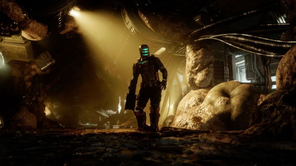 Dead Space protagonist Isaac Clarke stands silhouetted against evocative yellow crepuscular rays as part of an article about the 10 best scary games on the PS5.