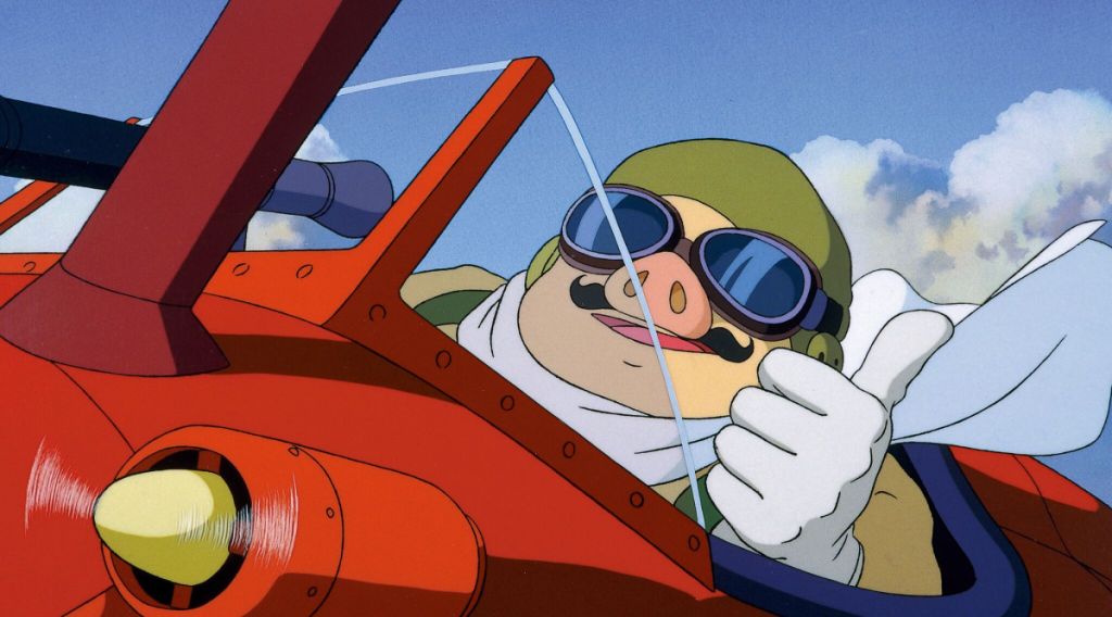 Porco Rosso pilotando un avión.  Esta imagen forma parte de un ranking de todas las películas de Hayao Miyazaki.