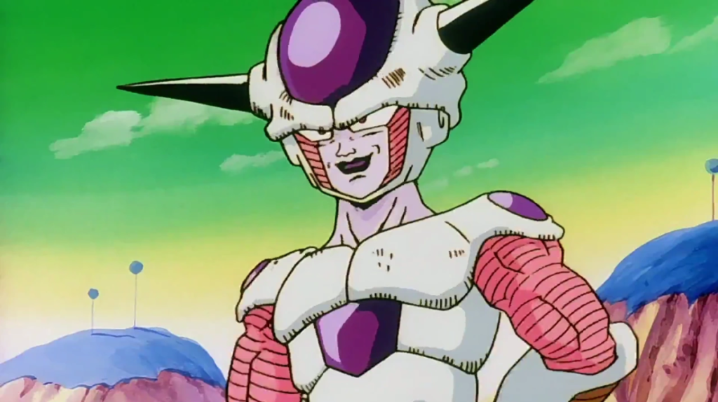 Image of Frieza from Dragon Ball Z staring smugly with his hand on his hip on a planet with green skies