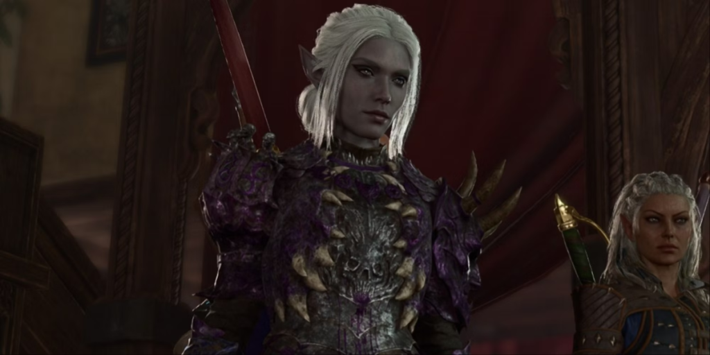 An elf looks down while wearing the Helldusk Armor