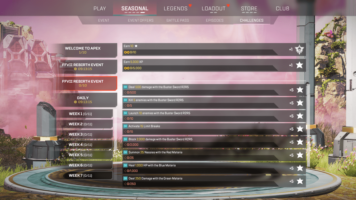Final Fantasy VII Rebirth event challenges tab in Apex Legends