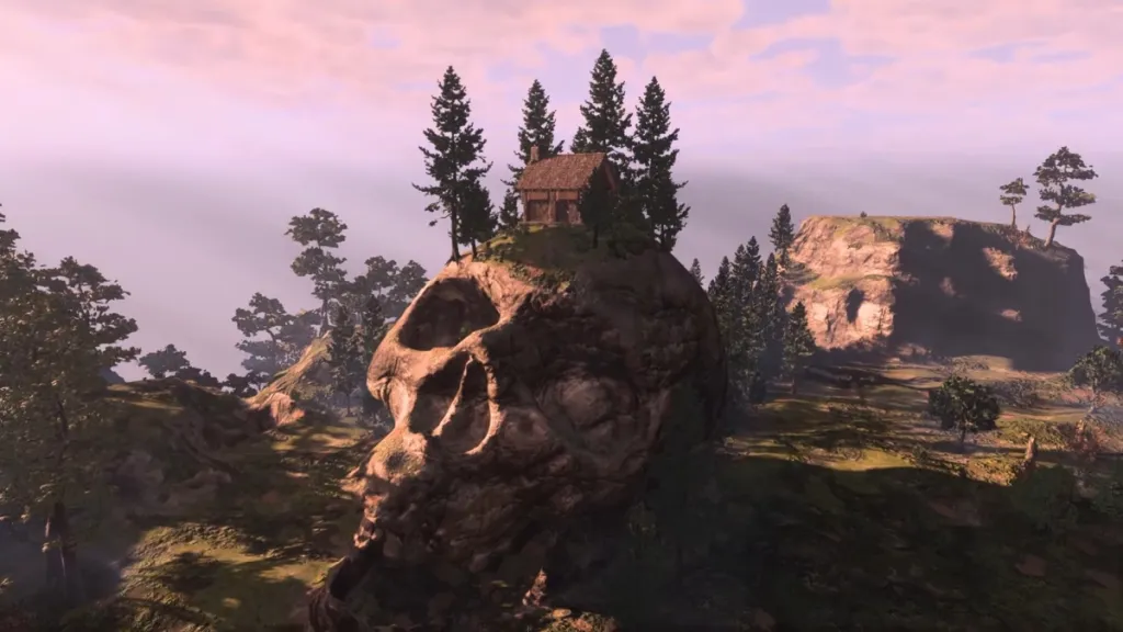 A boulder shaped in the form of a skull in Enshrouded. This image is part of an article about why 2024 is the year of survival games.