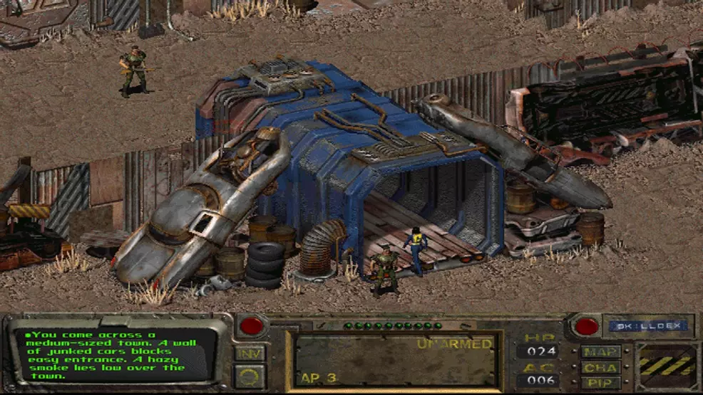 The player enters a blue tunnel in an encampment