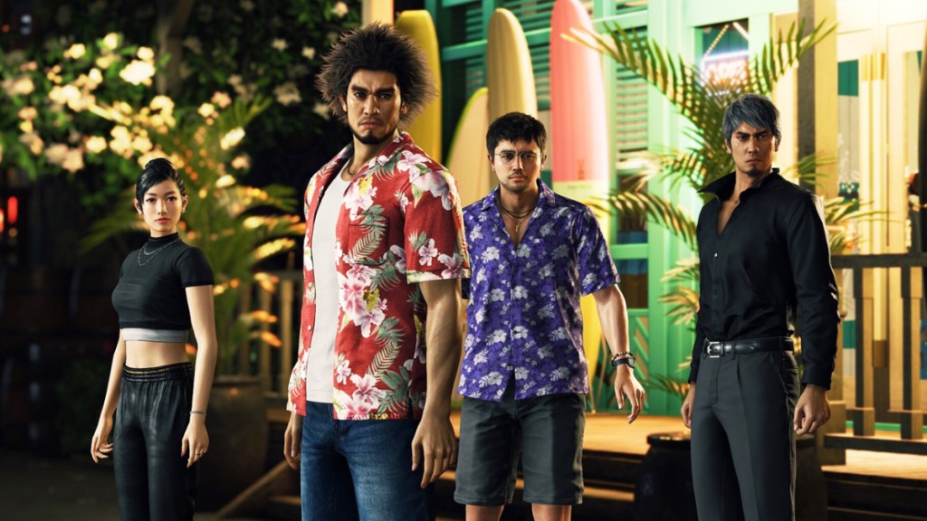 Four characters standing next to each other, two dressed in Hawaiian shirts. This image is part of an article about how to change jobs in Like a Dragon: Infinite Wealth.