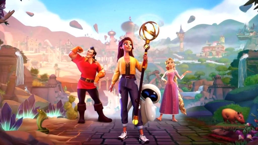 Gaston, Eve and Rapunzel in Dreamlight Valley. This image is part of an article about how to start the inside out 2 memory mania event in Disney Dreamlight Valley.