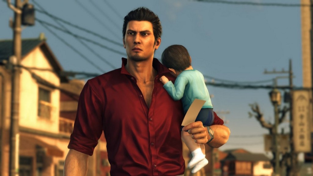 Kiryu holds a small child in Yakuza 6.