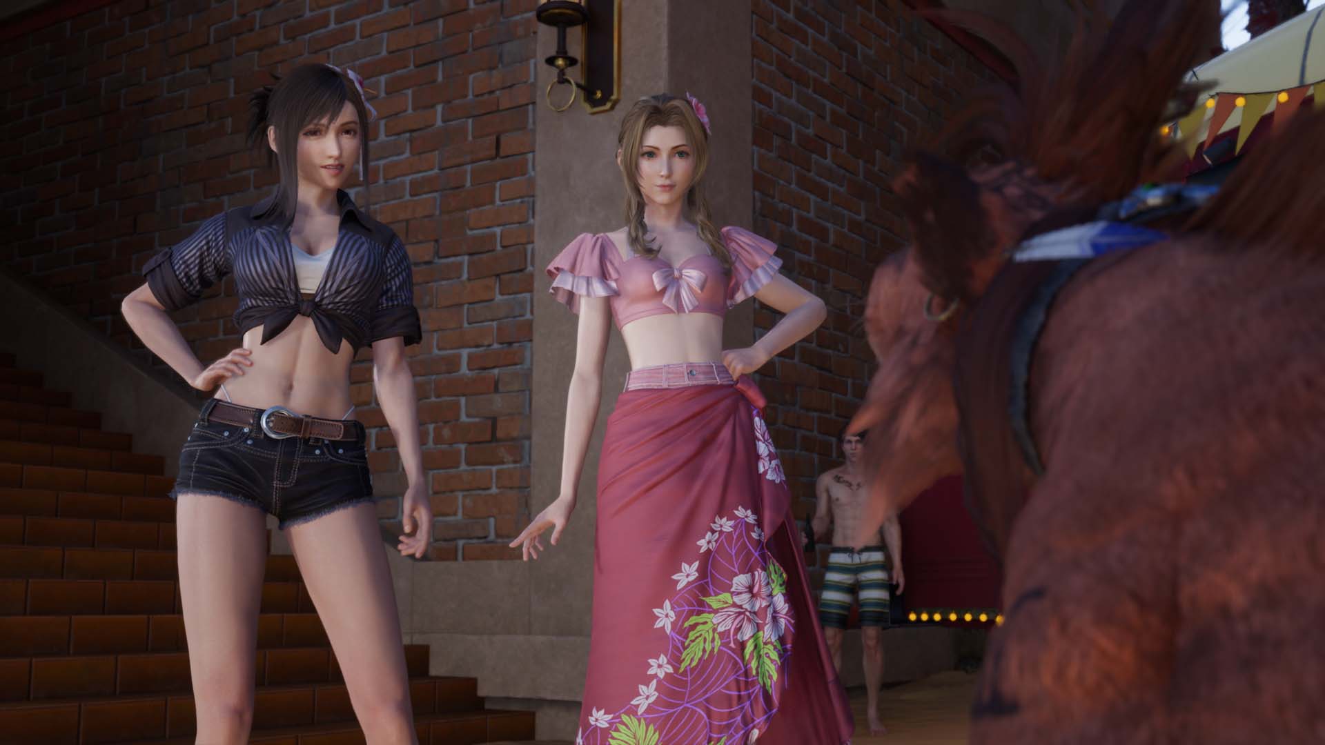 An image showing Tifa and Aerith looking at Red XII in Final Fantasy 7 (FF7) Rebirth as part of an article on if you should help Aerith and Barret or Tifa and Red XIII in Costa del Sol.