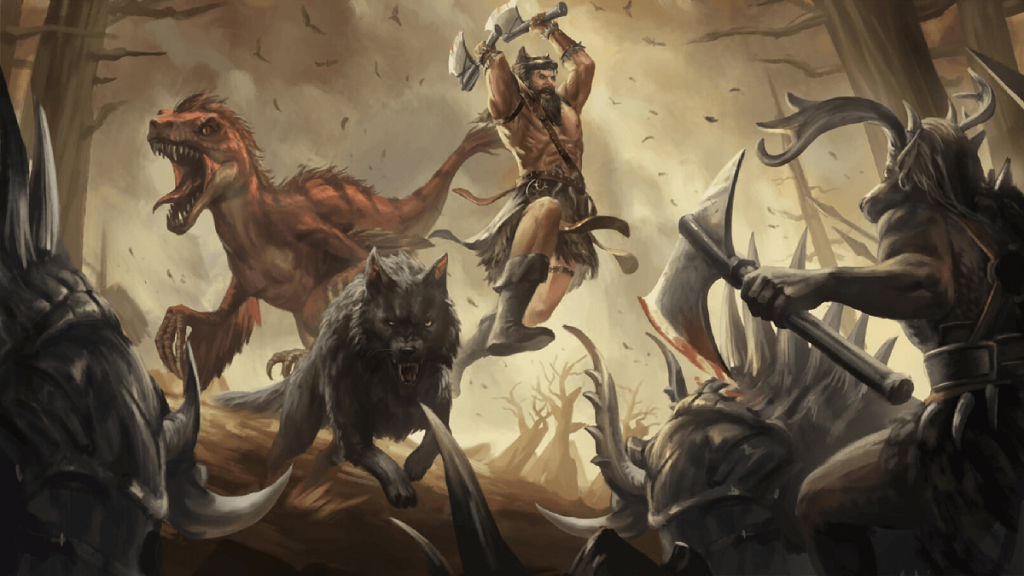 Image of barbarian man and pre-historic animals fighting off dark creatures in Last Epoch artwork.