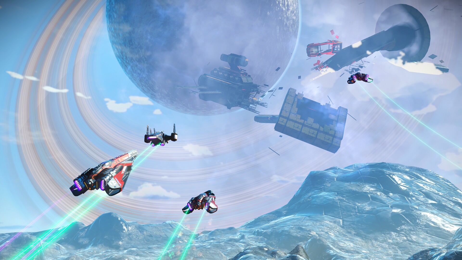 Several spaceships flying around in No Man's Sky, against a blue planet.