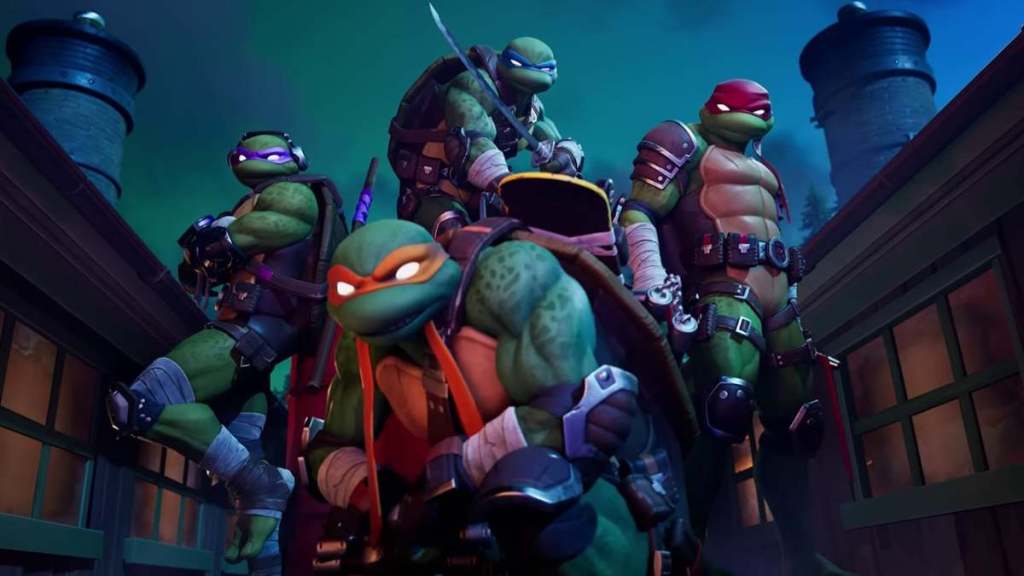 TMNT in the Fortnite cinematic. This image is part of an article about how to time travel into the future slowly in Fortnite.