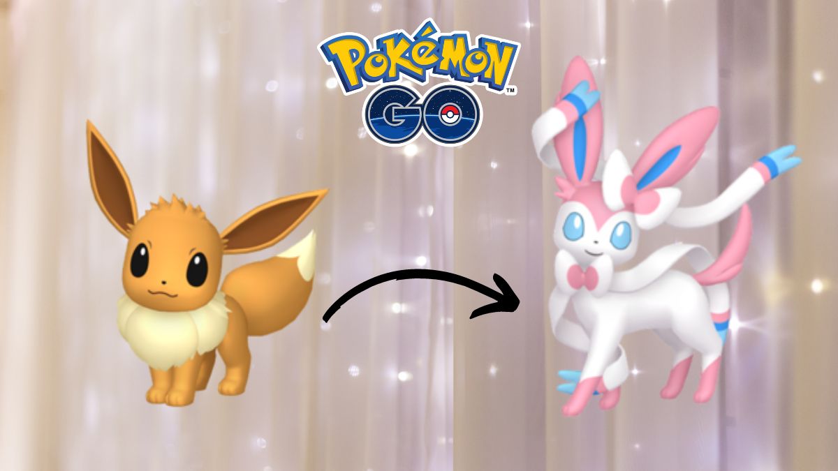 Image of the Pokemon Eevee, with an arrow pointing to its evolved form Sylveon