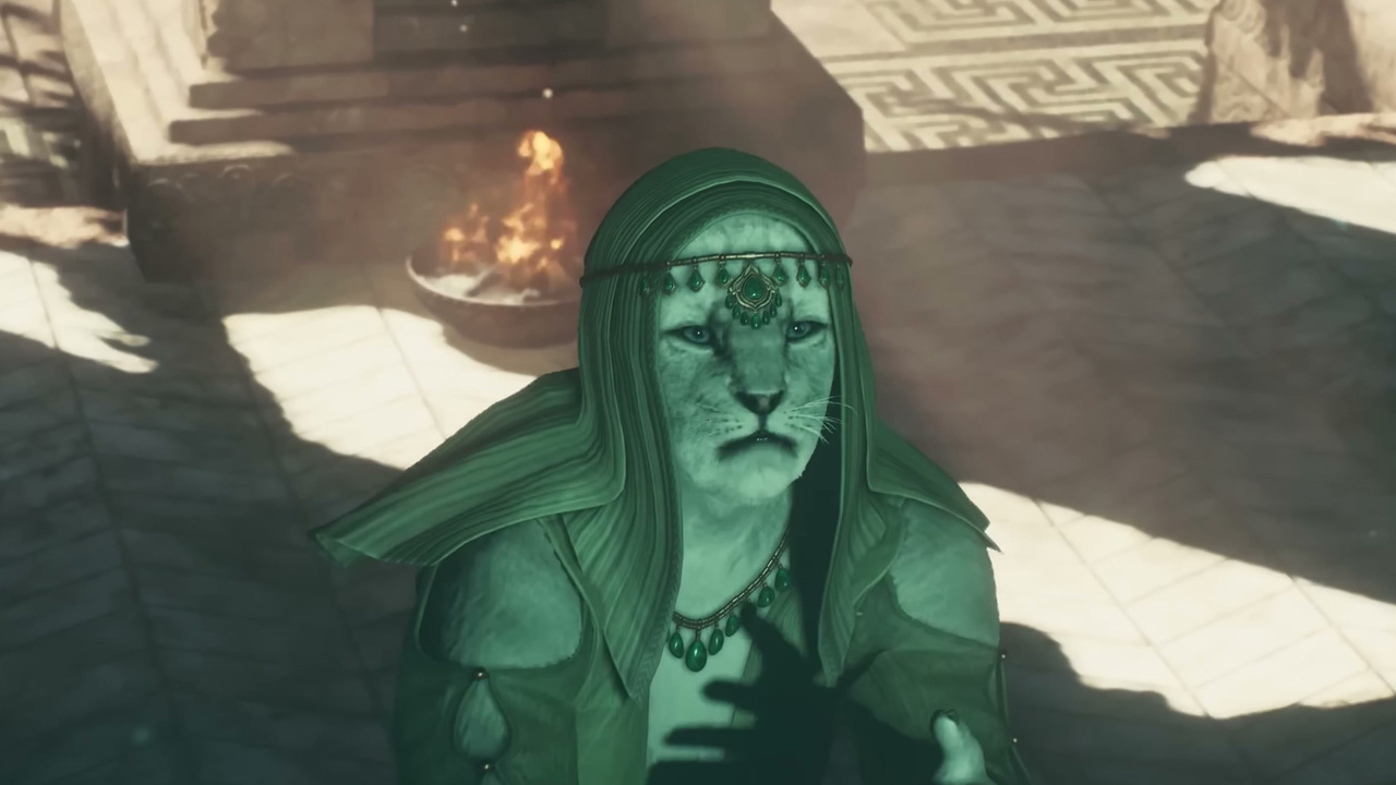 A humanoid cat creature looking up in Dragon's Dogma 2, a green glow on her face.