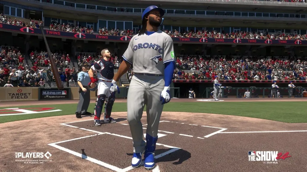 Vladdy pimping a HR in MLB The Show 24. This image is part of an article about whether MLB The Show 24 is on Game Pass.