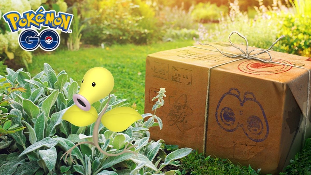 Image of a grassy area with a delivery box on one side and a Shiny Bellsprout on the other