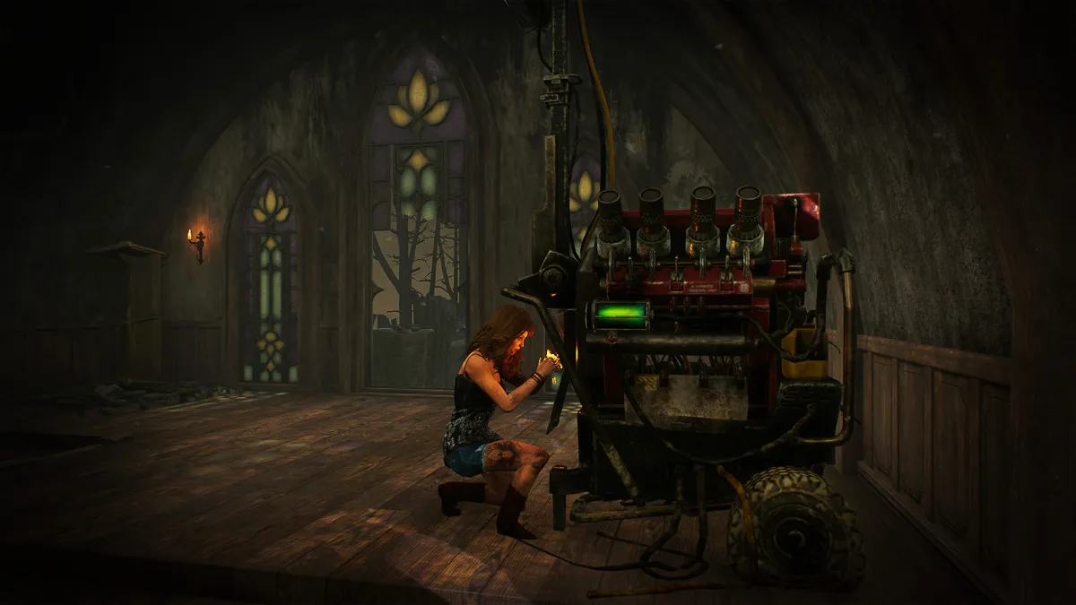 Kate working on a generator in Dead by Daylight