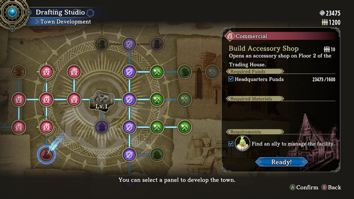 Screenshot of the Town Development menu in Eiyuden Chronicle: Hundred Heroes.