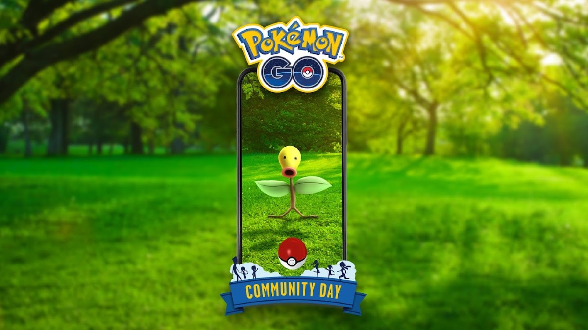 Image of a phone in a grassy area, showing an image of a Pokeball aimed at a Bellsprout