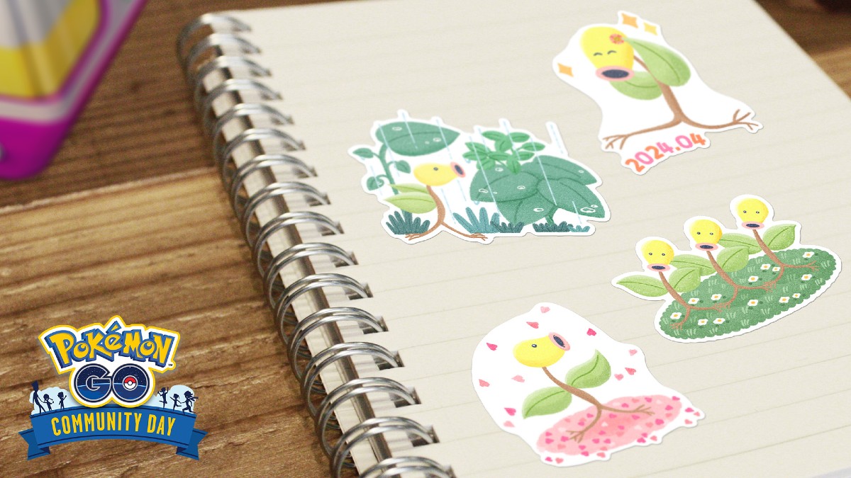 Image of a notebook filled with Bellsprout stickers and the Pokemon GO Community Day logo