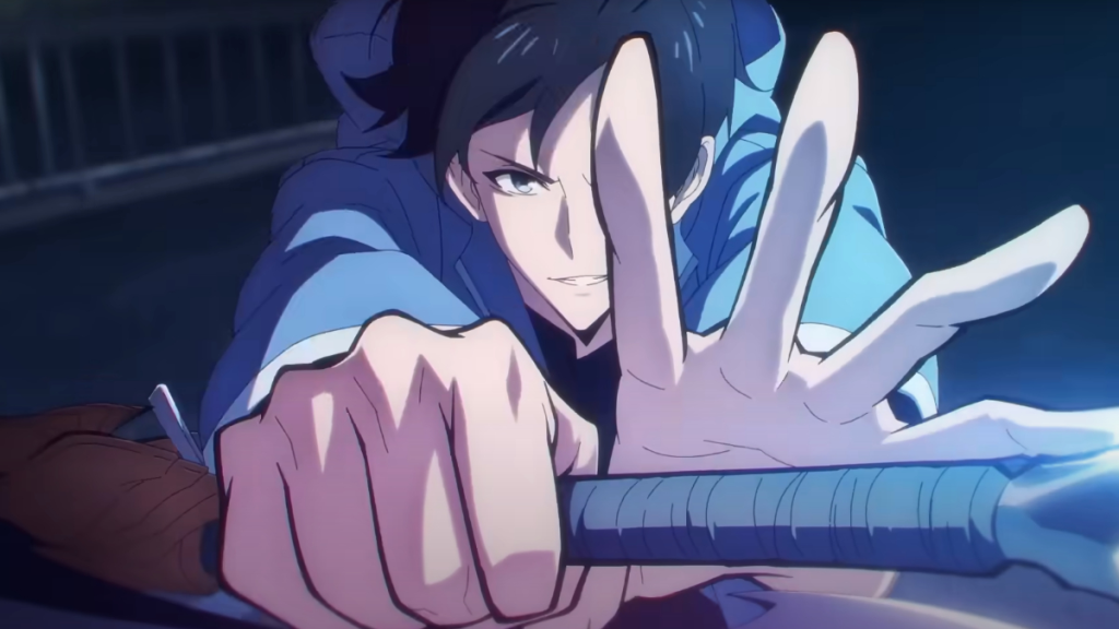 Image of an anime protagonist holding his hands out while clutching a weapon 