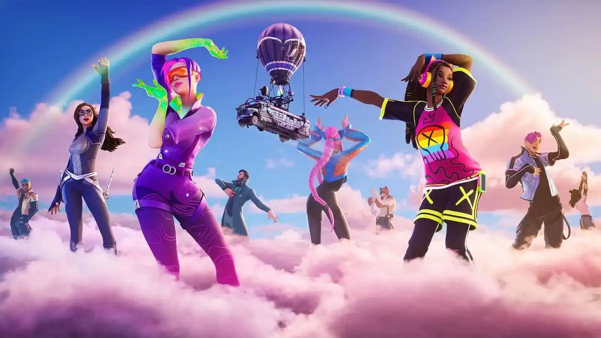 Several Fortnite characters dancing on a pink cloud while the bus floats in the background