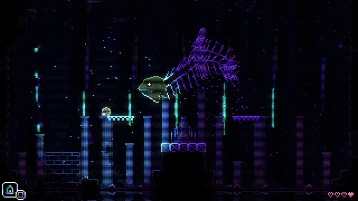 Animal Well screenshot of a giant fish skeleton swimming around the screen