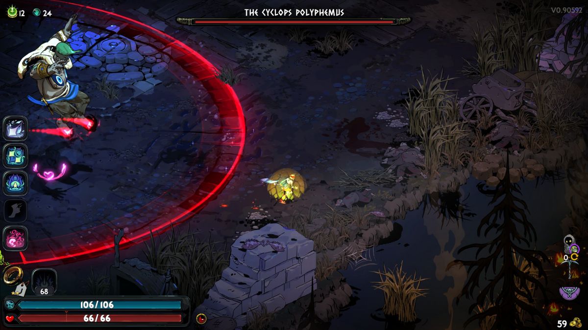 Screenshot mid battle with the Cyclops Polyphemus in Hades 2, showing his area of effect attack