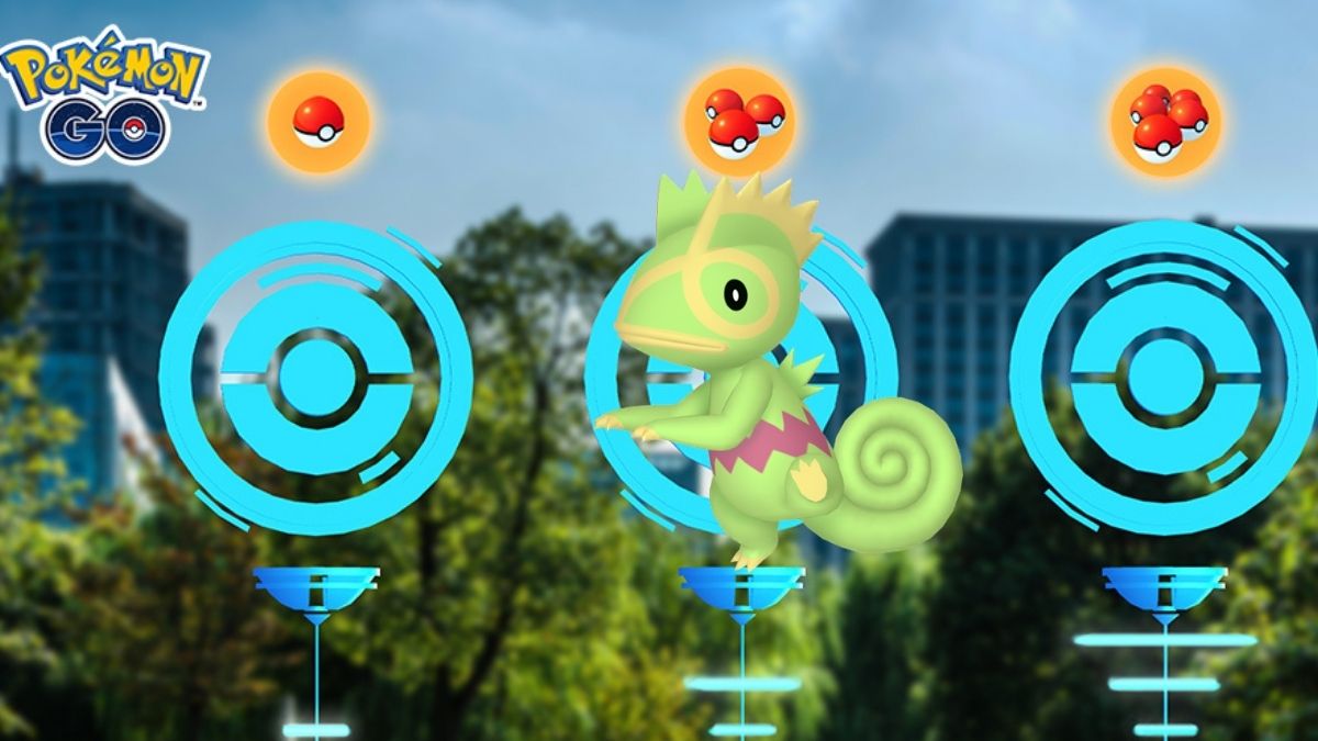 Image of three PokeStops from Pokemon GO, one with a Kecleon in front of it