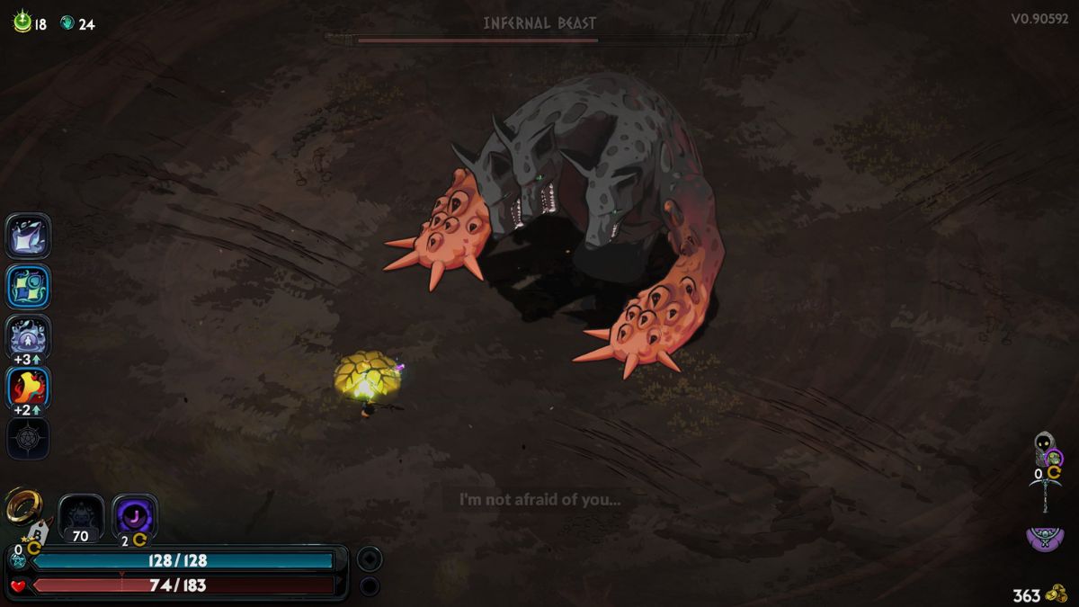 Screenshot of Melinoe and Infernal Cerberus in battle in Hades 2