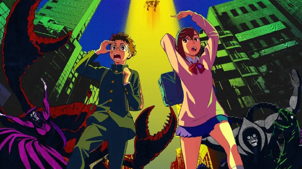 Momo Ayase and Ken Takakura running away from ghosts and aliens through the city in Dandadan promo art.