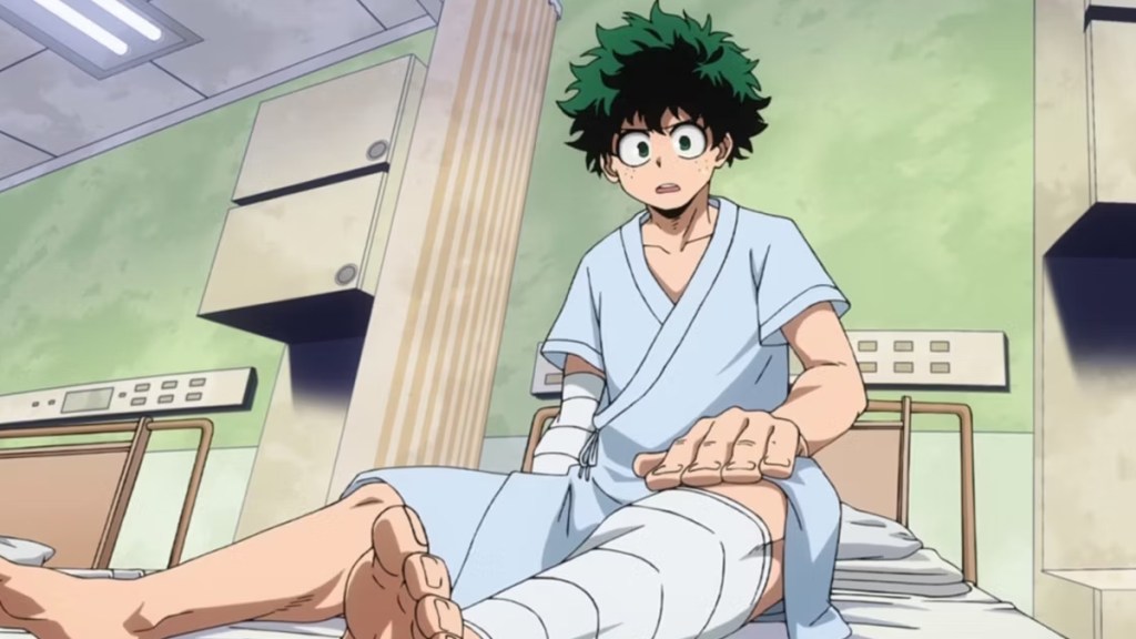 Deku in My Hero Academia lying in hospital bed