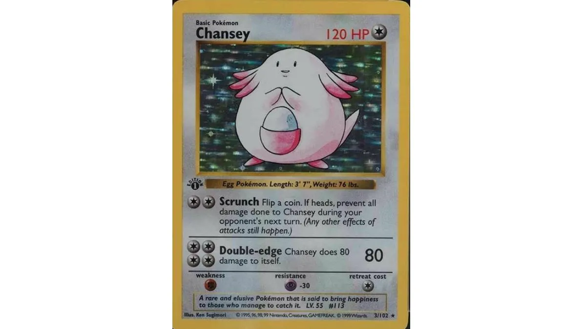 Image of a first edition holographic Chansey card from the Pokemon TCG