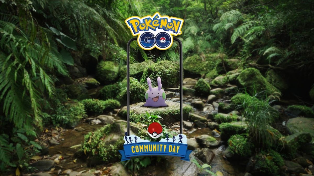 Promo image for Pokemon GO June Community Day, featuring an image of Goomy inside a phone