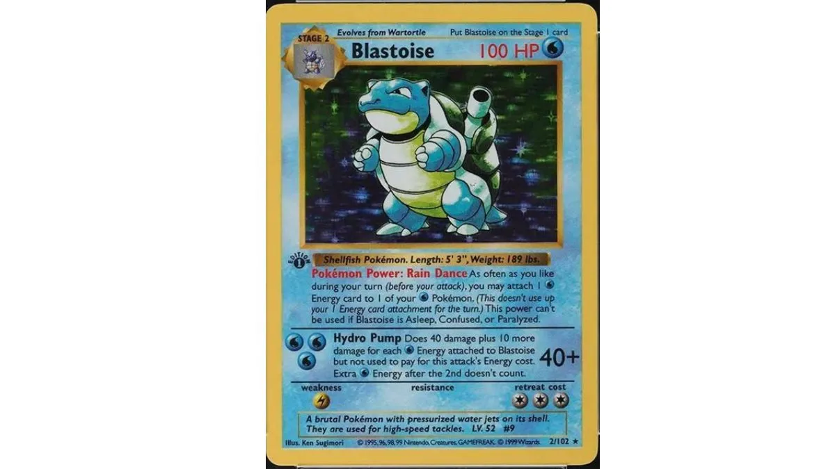Image of a PSA graded holographic Shadowless Blastoise  card from the First Edition TCG
